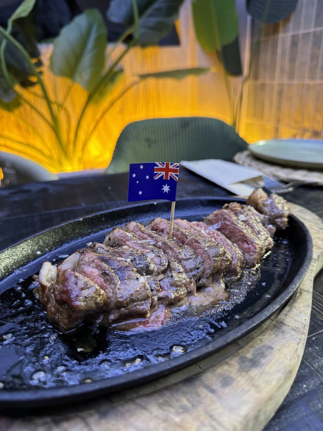 Seared rib eye with Australian flag marker